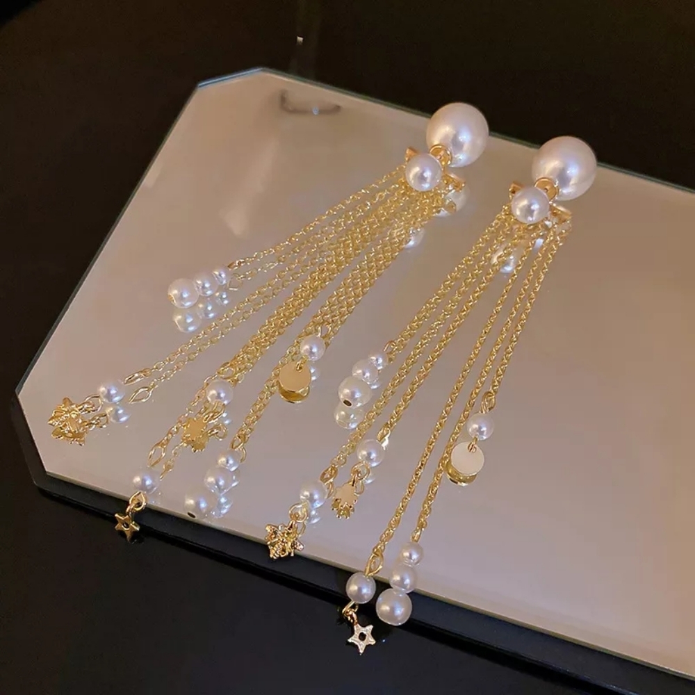 Fine Fashion Jewelry Gold Pearl Tassel Drop Earrings For Women
